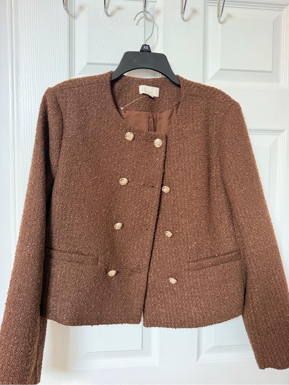 NWOT Ann Taylor LOFT Brown Textured Tweed Jacket Blazer Gold Buttons Size Large